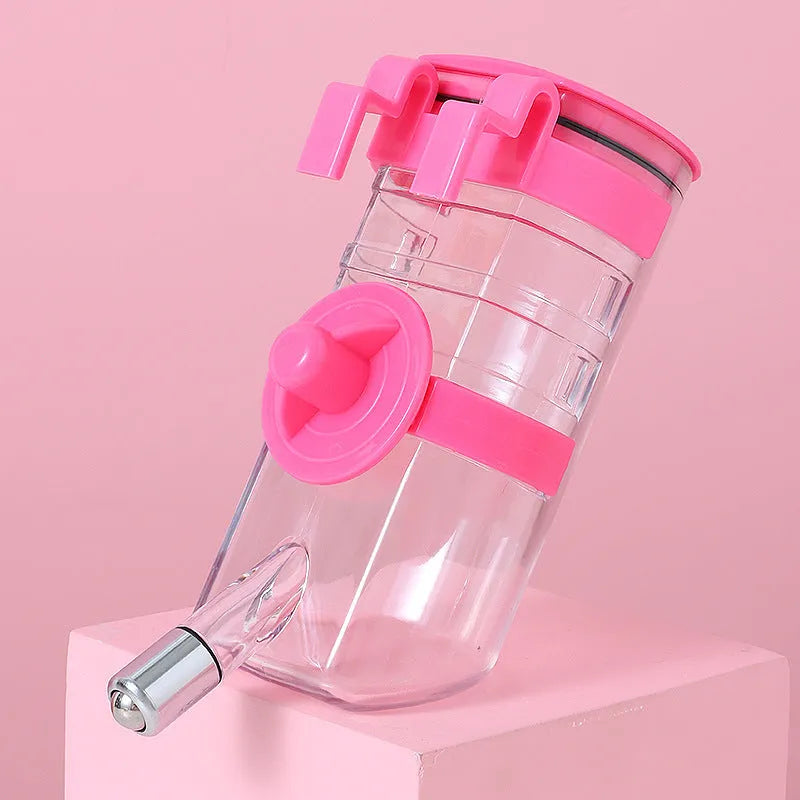 No drip dog kennel water bottle dispenser in blue, green, pink, or yellow, BPA-free plastic, for crates and cages