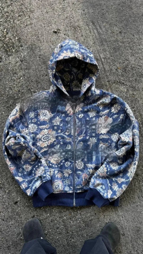 Blue loose zip hooded coat for men with digital printing design and hood