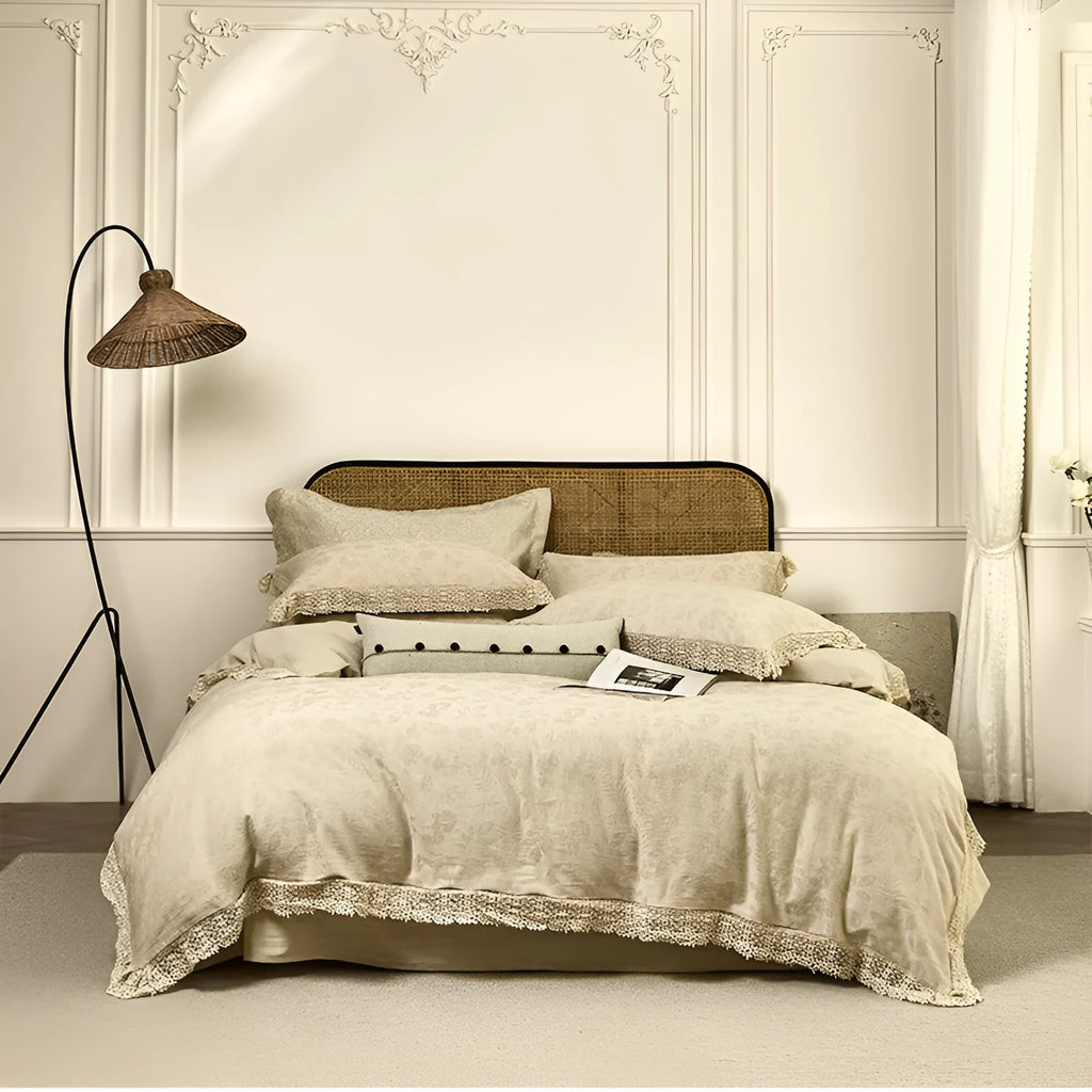 Cotton linen jacquard yarn-dyed washed four-piece bed sheet set in solid optic linen colour on a bed
