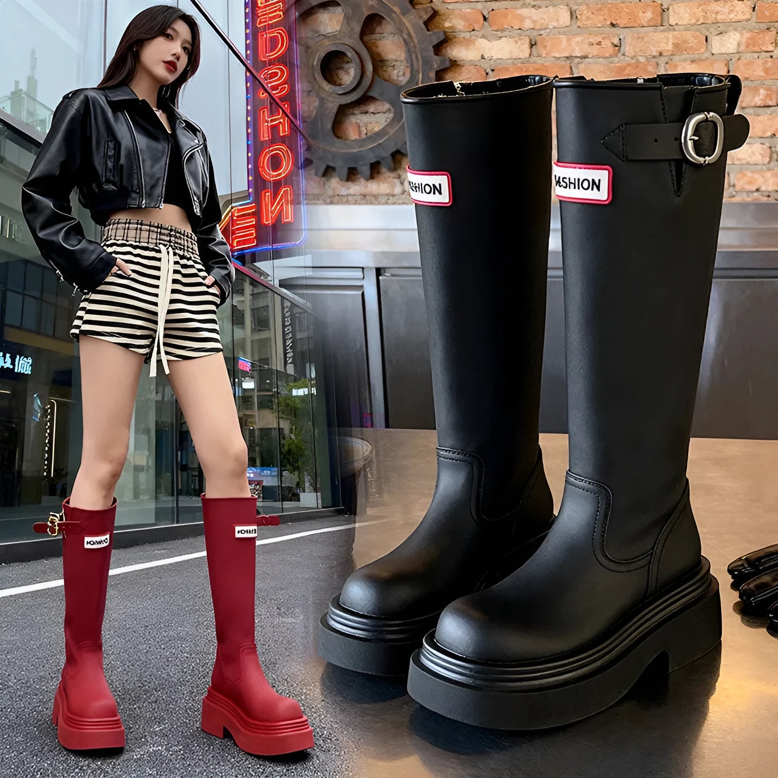 Black knight boots with thick platform sole and chunky heel, front view, showing round toe and high cylinder shaft.