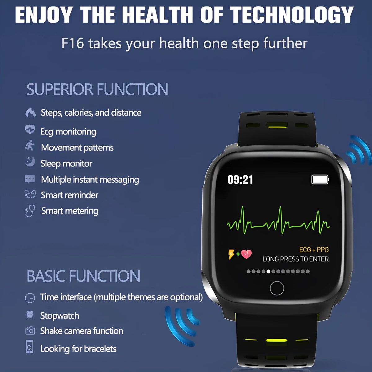 F16 smart watch with ECG monitoring on silicone wristband showing black colour options
