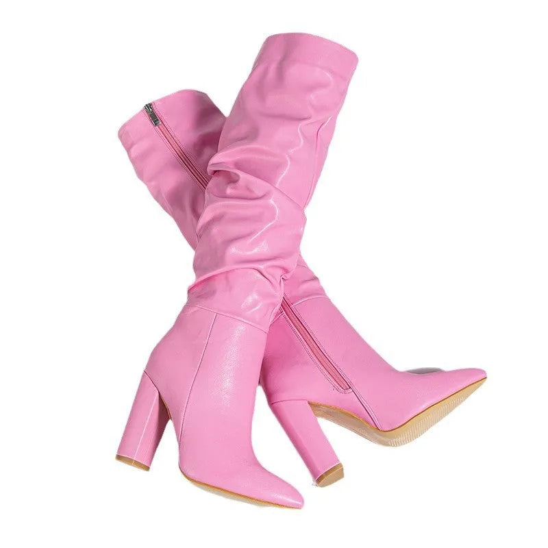 Women's pointed white high heel boots with side zipper and super high heels for autumn winter wear