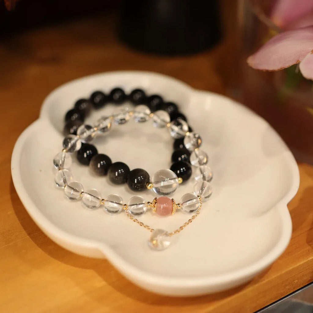 White crystal bracelet in 8mm and 10mm bead options with geometric Chinese style and auspicious patterns