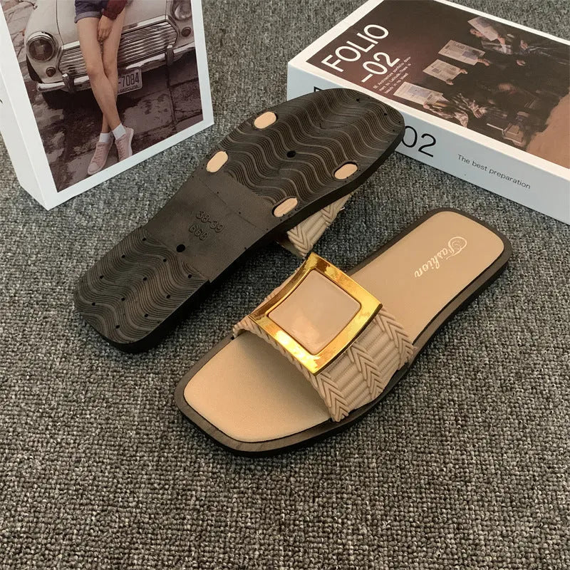 Women's apricot flat summer slippers with a textured PVC sole, shown on a light background.