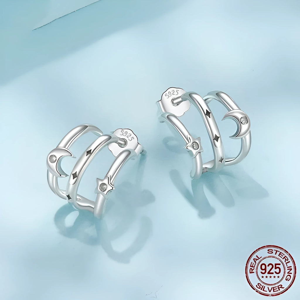 Multi-ring S925 sterling silver stud earrings with inlaid zircon, SCE1898 colour, on a clean background