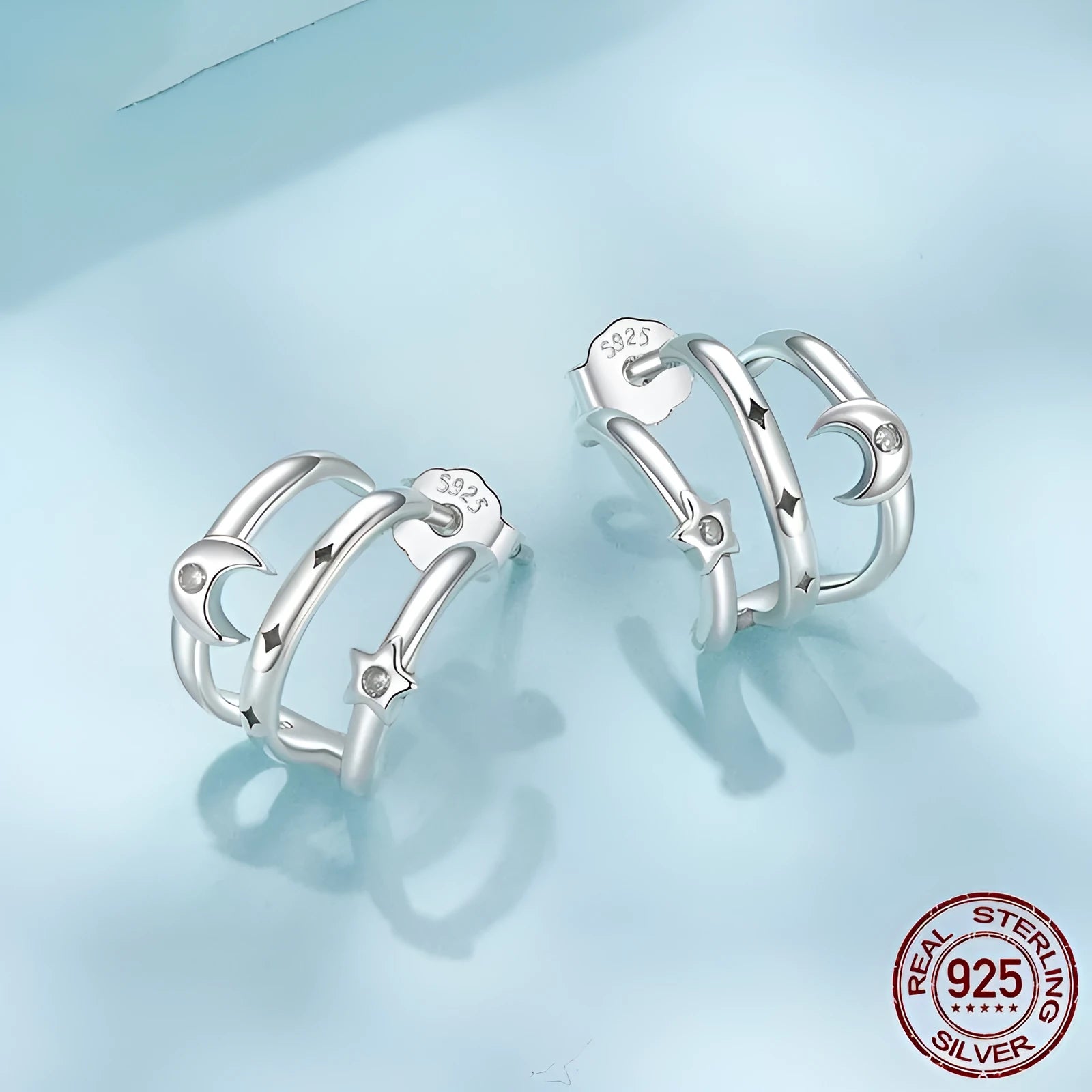 Multi-ring S925 sterling silver stud earrings with inlaid zircon, SCE1898 colour, on a clean background