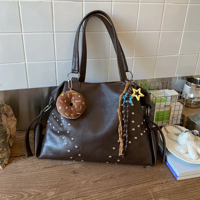 Fengtuote underarm bag in brown, soft PU leather, horizontal square shape with rivets and double shoulder straps
