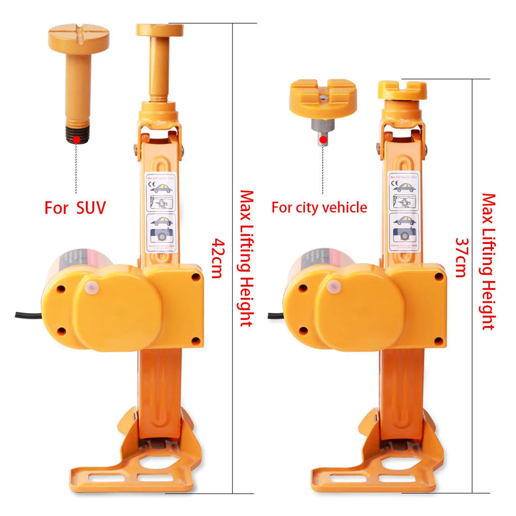 Yellow steel car electric jack set with an electric wrench on a grey background.