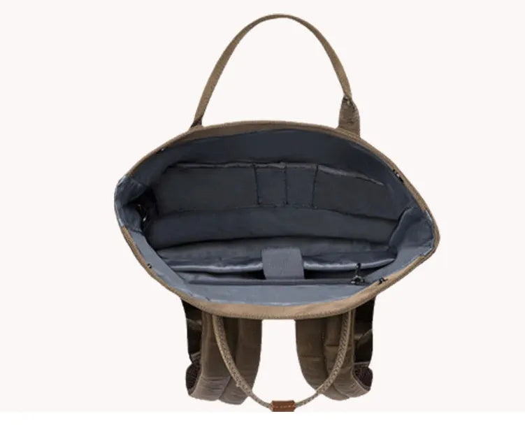 Men's casual polyester backpack in dark grey showing front view and open compartment with laptop pocket.
