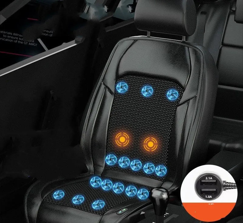 Black ventilated car seat cushion with multiple cooling fans, connected to a 12V car plug.