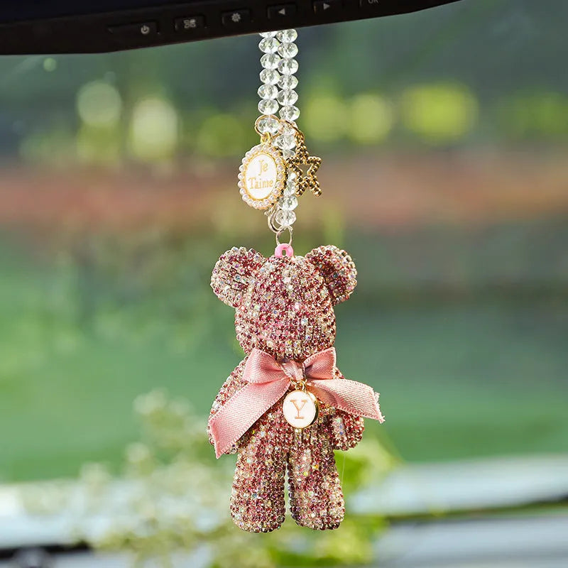 Artificial crystal rhinestone Violent Bear car rearview mirror pendant in black mixed pastel and white measuring 5x9CM
