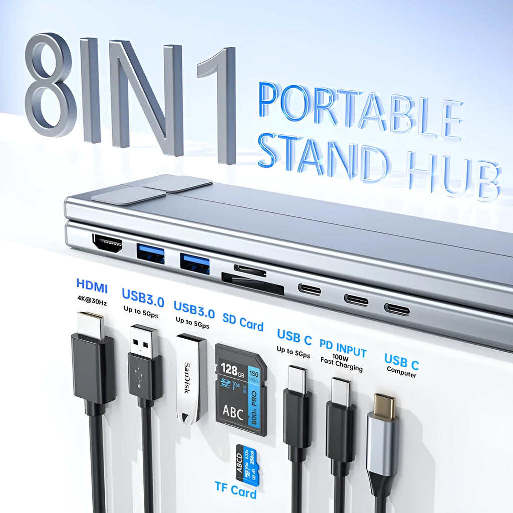 Aluminum alloy folding laptop docking station with 8-in-1 HUB ports and 0.6m cable