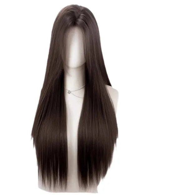 Forehead lace front wig with mid-length natural black straight hairstyle and styling accessories