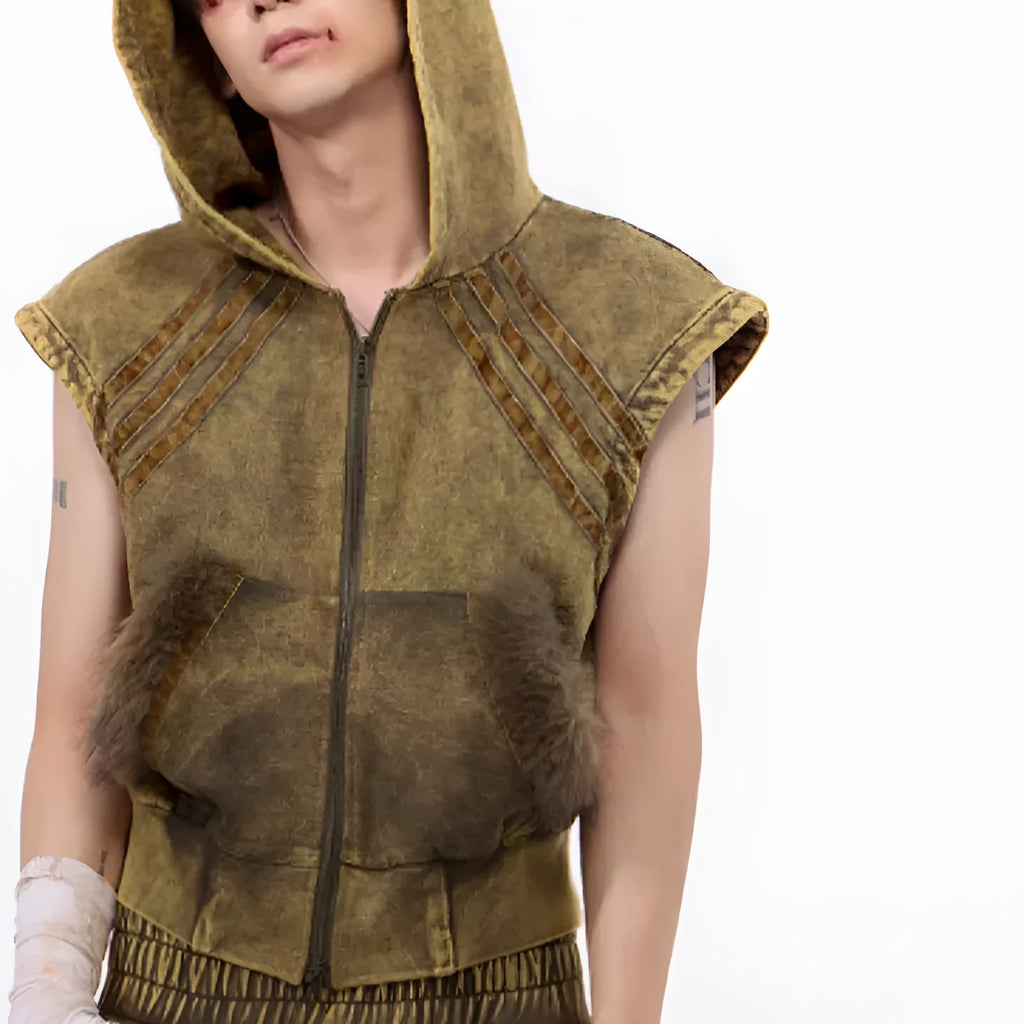 Stitching fur washed and worn sleeveless hooded tank top vest short Korean street style black and gray