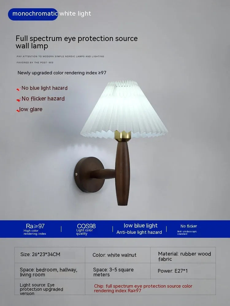 American Retro style walnut wood wall lamp with fabric shade and three light colour options.