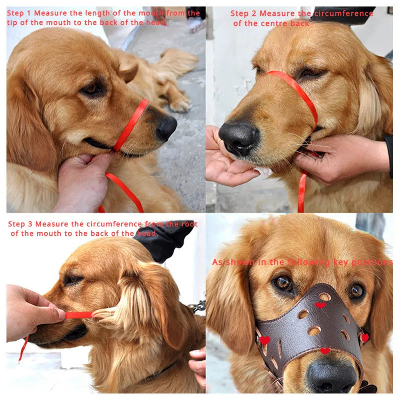 Adjustable dog muzzle in black or brown, sizes XS to XXL for anti-barking and bite prevention.