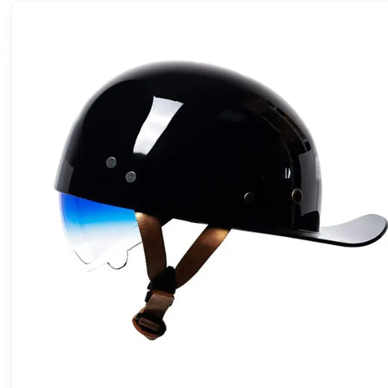 Mens retro half helmet for electric bicycles in bright black gradient blue colour with blue lens