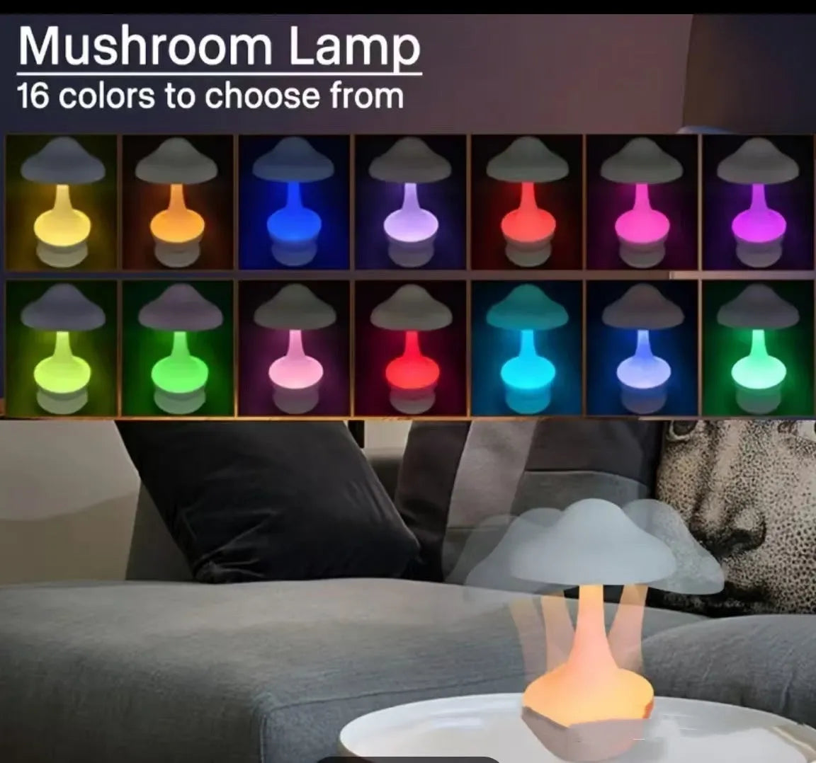 Rechargeable ABS tumbler mushroom night lamp with 16 RGB colours and 5V USB input