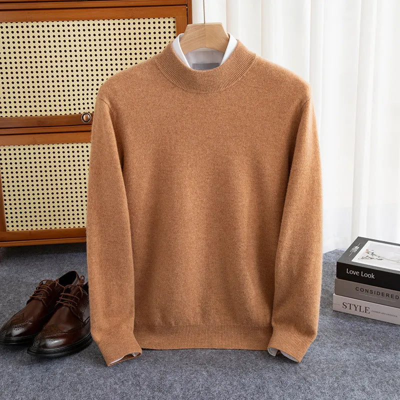 Man wearing a loose-fit half-collar wool sweater in a winter setting.