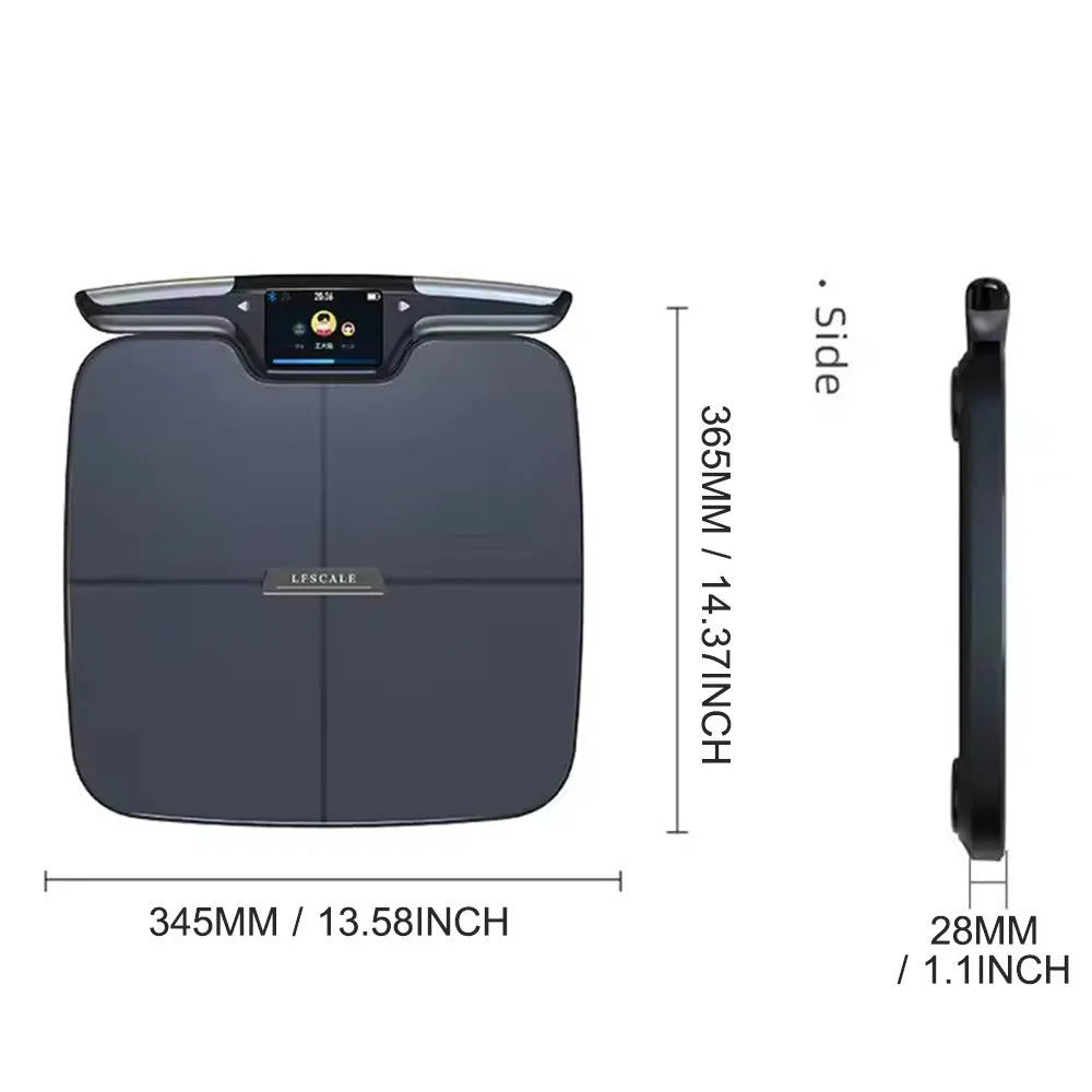 Black eight-electrode intelligent body fat weighing scale on a flat surface.