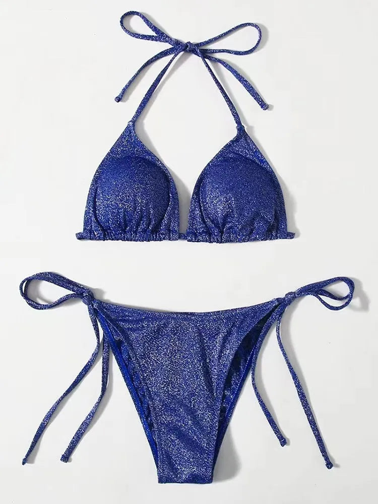 Women's khaki gold bandage bikini swimsuit with split briefs design on a mannequin.