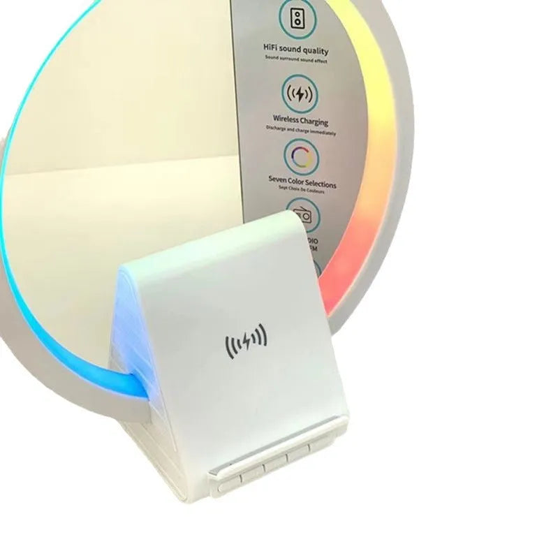 White rectangular Bluetooth speaker with wireless charging surface and ambient lighting