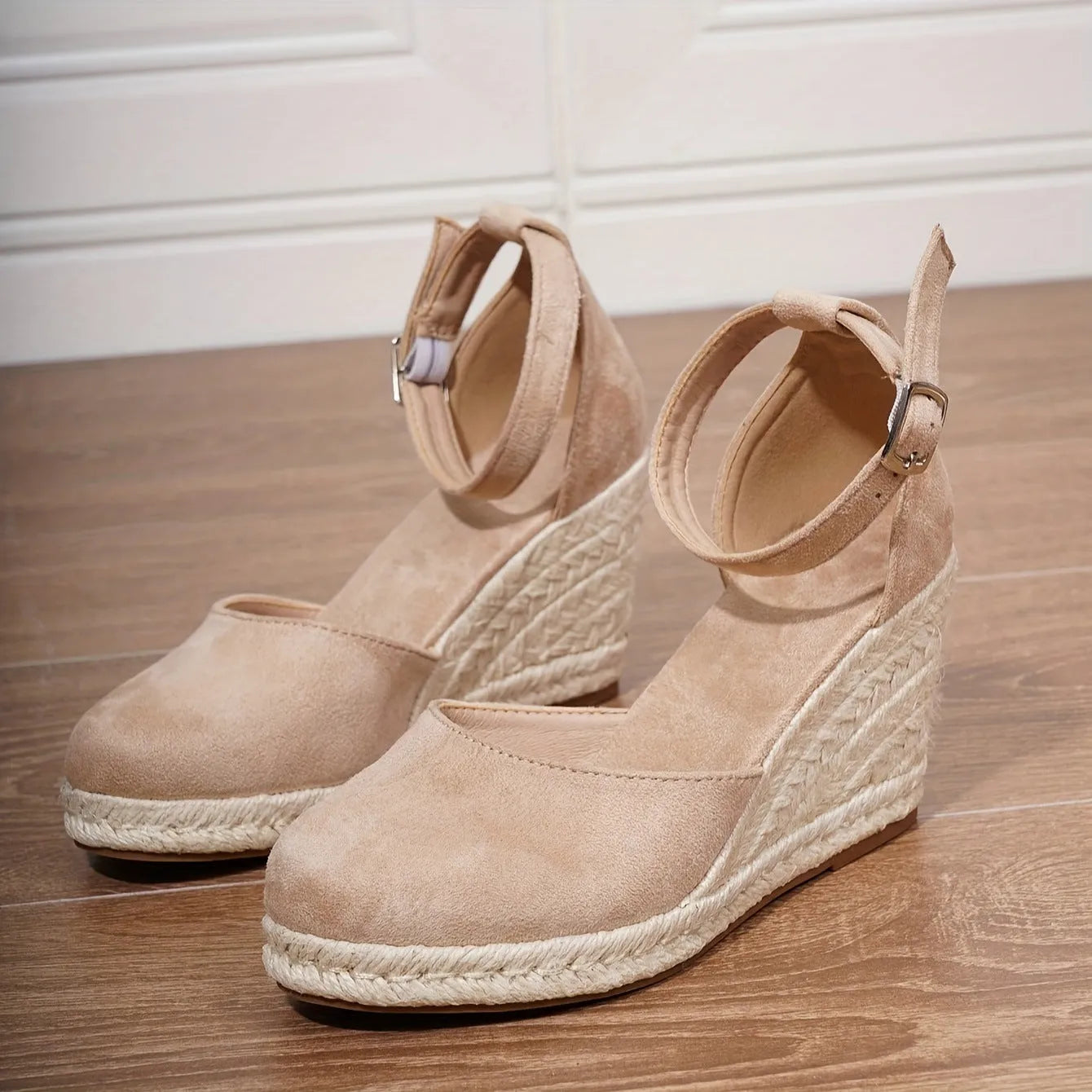Women's suede wedge sandals in apricot with buckle closure and round toe, Roman style