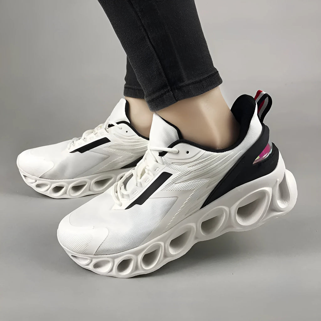 Breathable mesh men's casual sports shoes with lace-up front in black, white, or dark blue colours