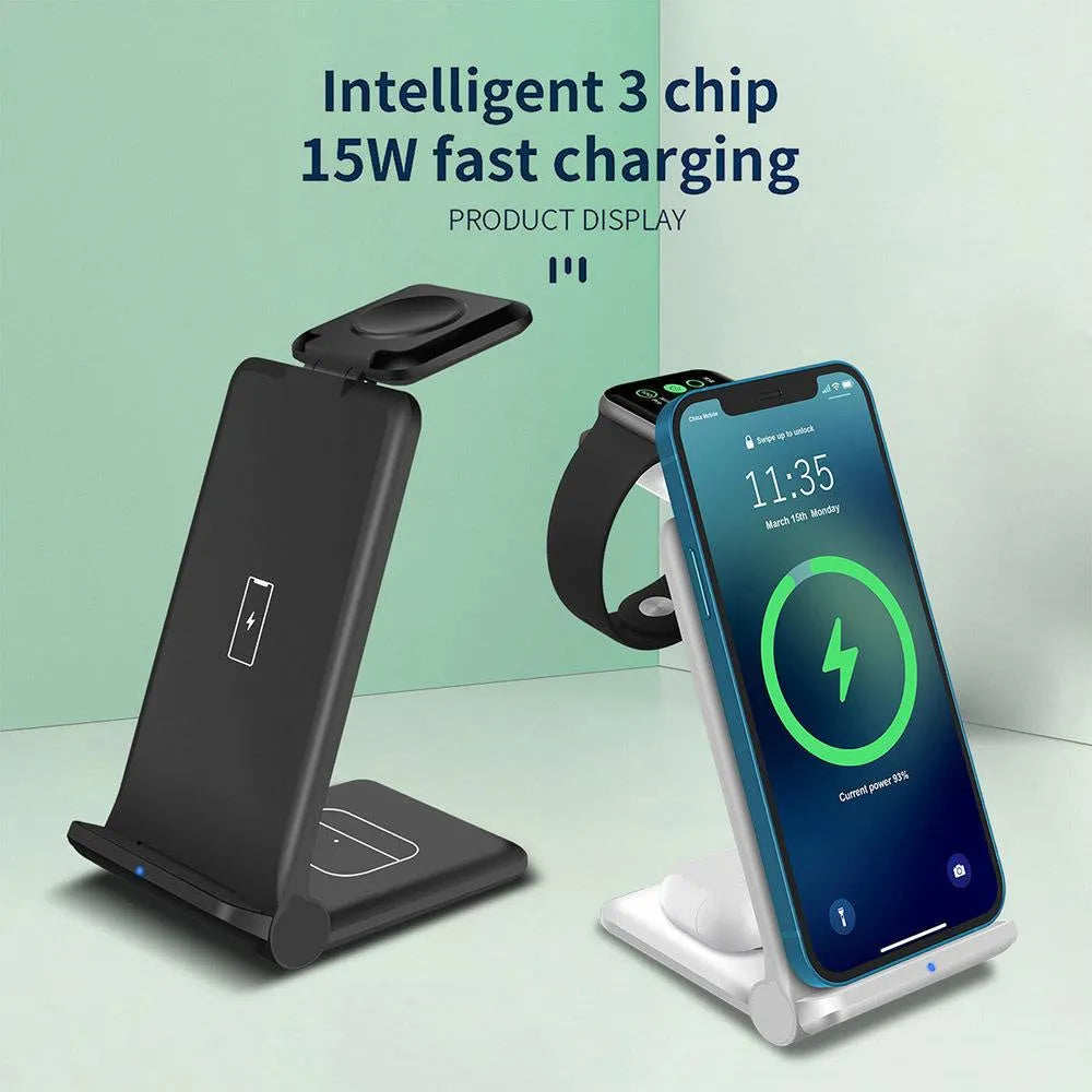 Black or white foldable 3-in-1 wireless charging station for phone, Apple Watch and AirPods