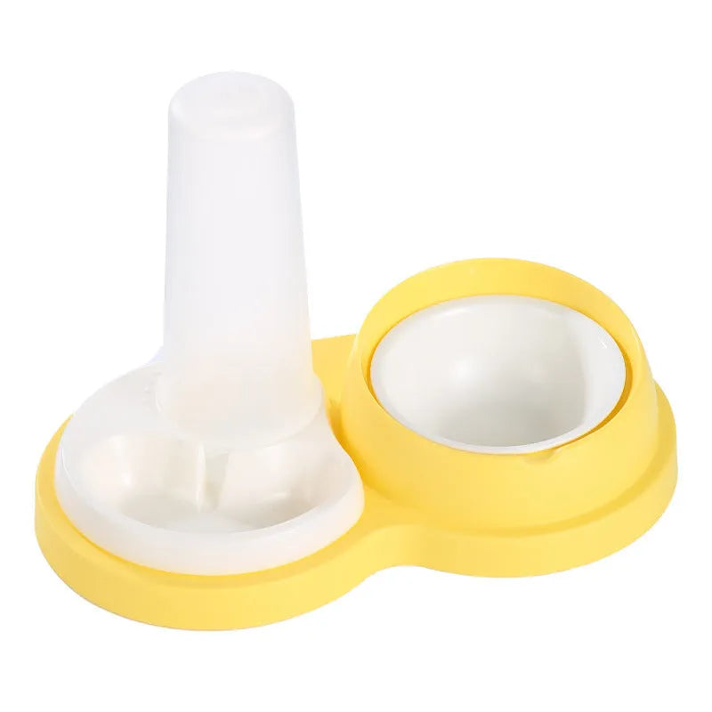 Grey and yellow pet dual feeding bowl with automatic water dispenser and neck protection design