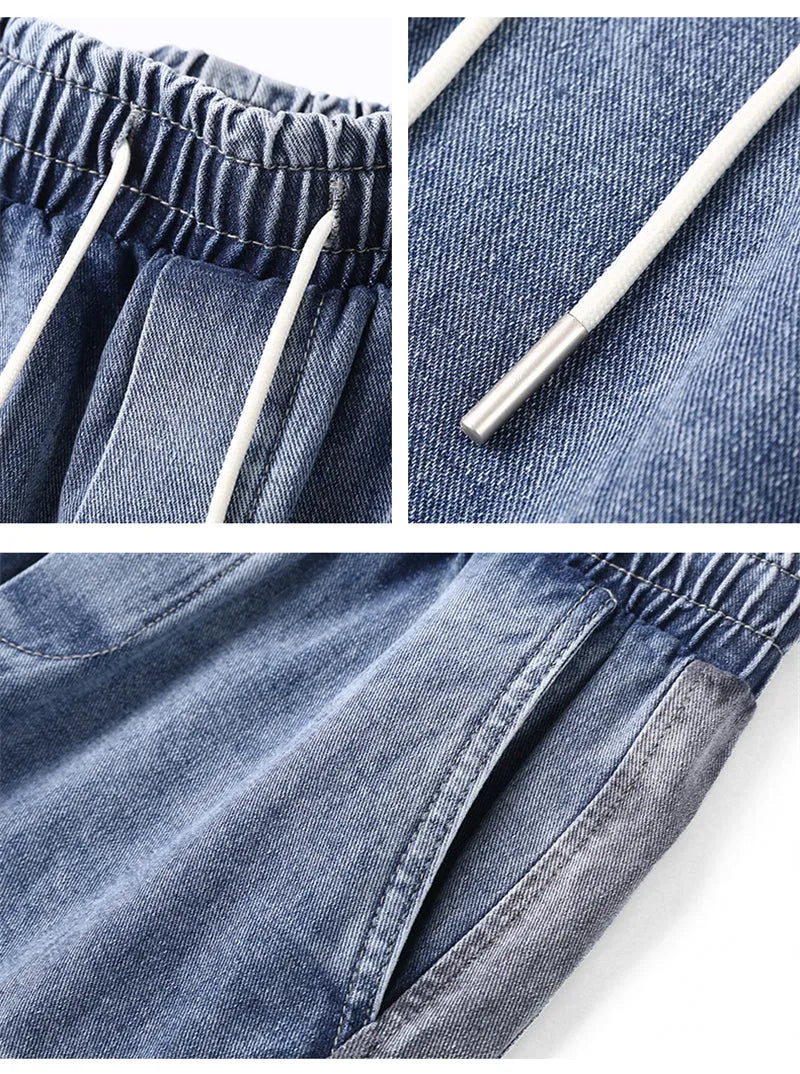 Men's loose hip-hop workwear jeans in gray blue, 99% polyester, size 2XL shown