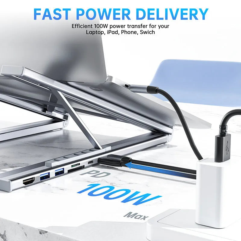 Aluminum alloy folding laptop docking station with 8-in-1 HUB ports and 0.6m cable