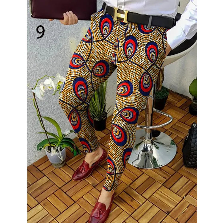 Men's slim-fit plaid trousers with 3D printed pattern, straight leg design and elastic fabric