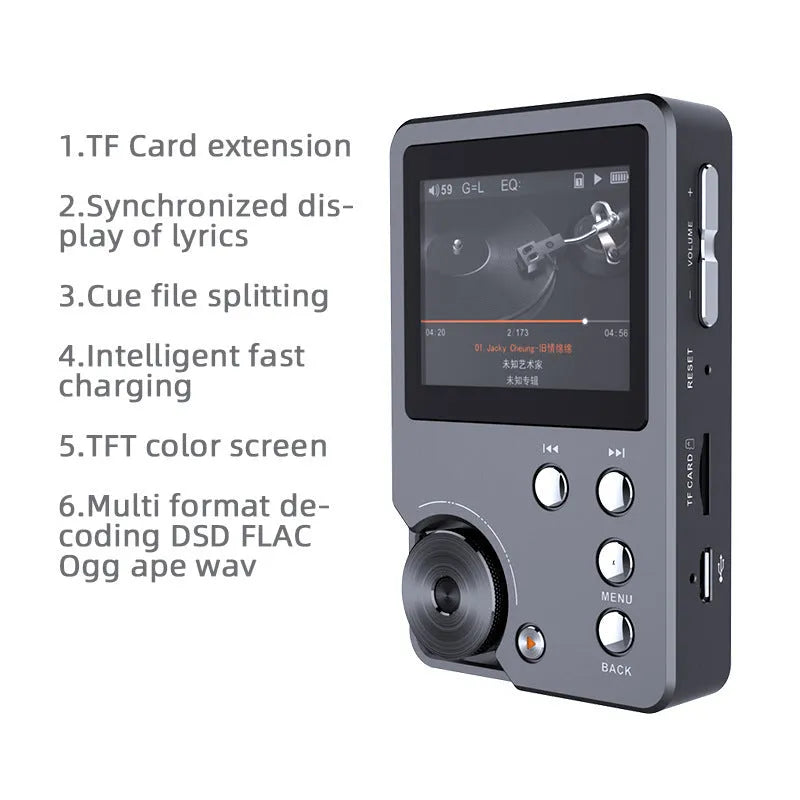 Master HIFI lossless DSD256 music player Silver Gray with 2-inch screen and push-button controls