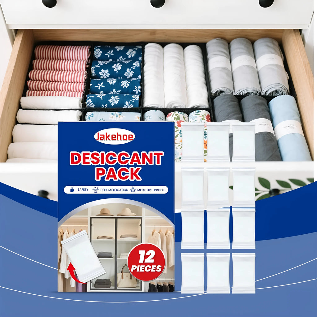 Pack of 12 white calcium chloride desiccant units for absorbing household moisture.