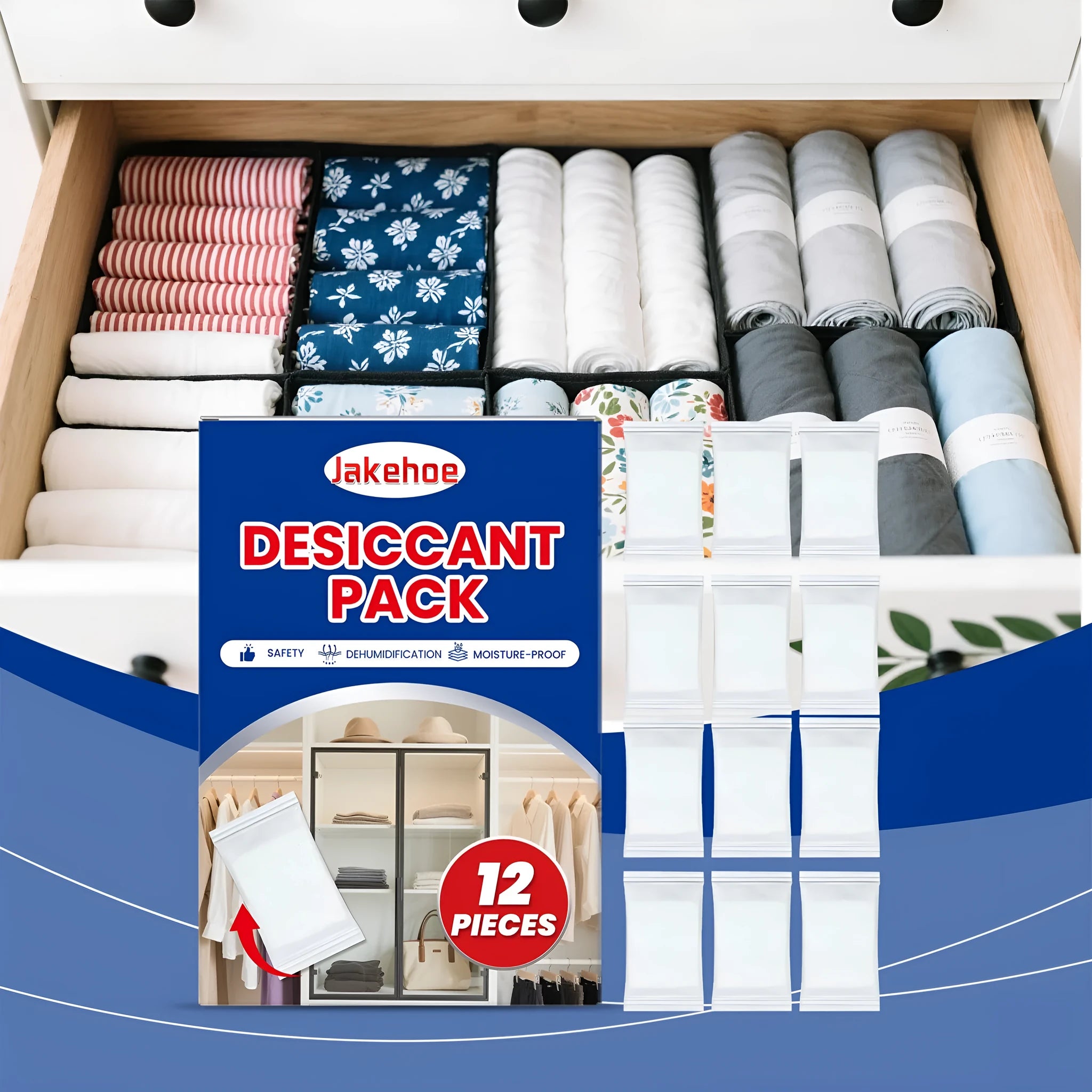 Pack of 12 white calcium chloride desiccant units for absorbing household moisture.