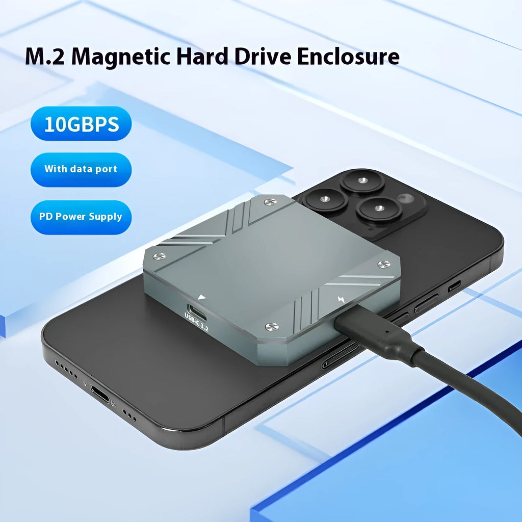 M2 magnetic hard disk box with aluminium alloy and silicone enclosure, 10GBS transmission, compact 6.5 x 6 x 1 cm size