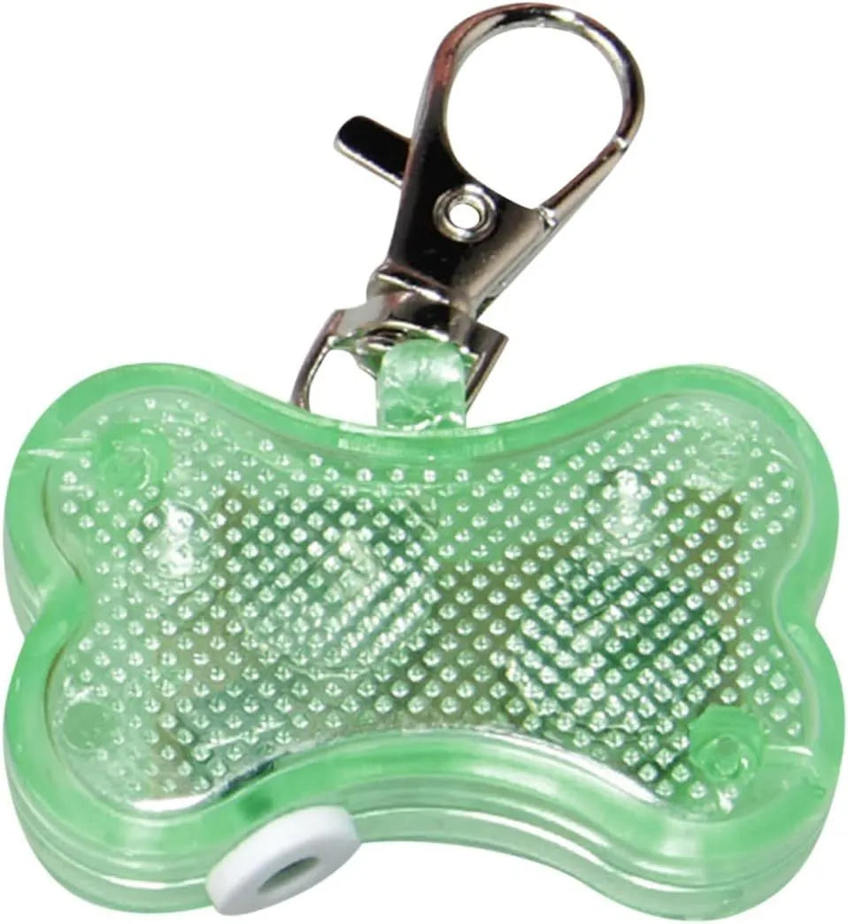 Bone-shaped LED pendant for pet collars in blue, green, orange, red, white, and yellow colours