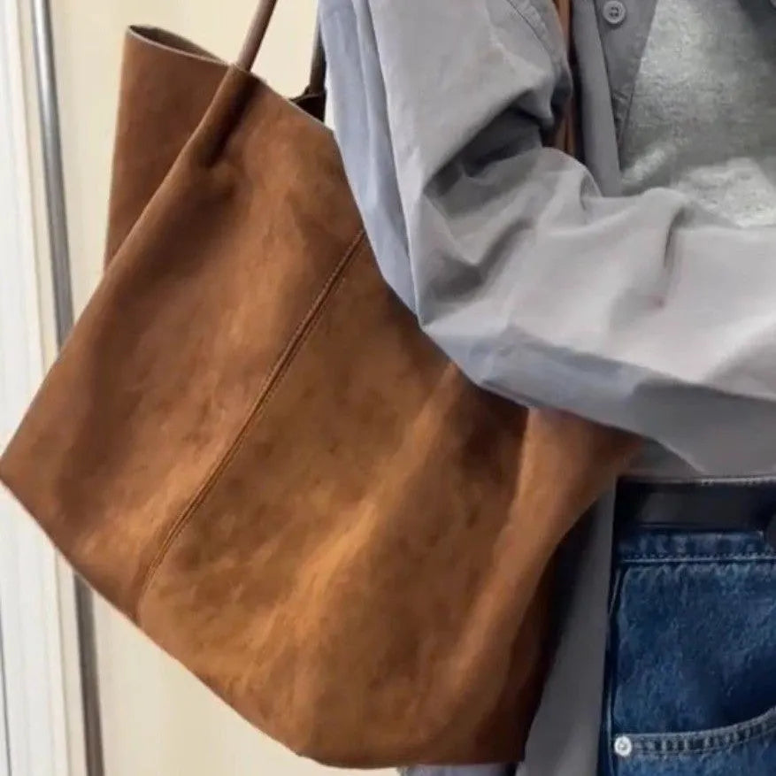 Coffee colour commuter retro large capacity PU tote bag with double shoulder straps and sewing line detail
