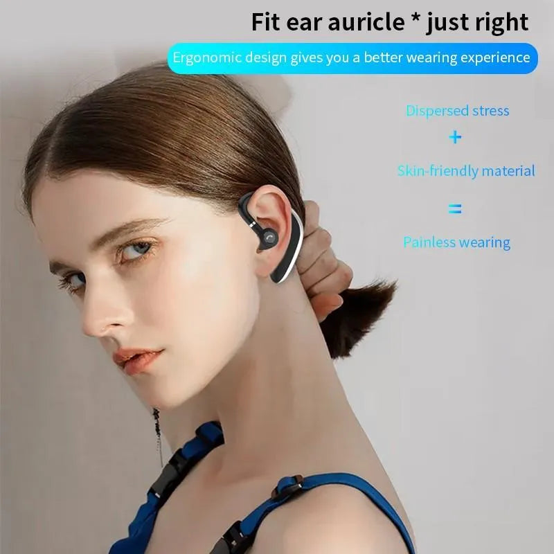 Wireless ear Bluetooth headset with hanging ear design in black, featuring battery display for calls and music