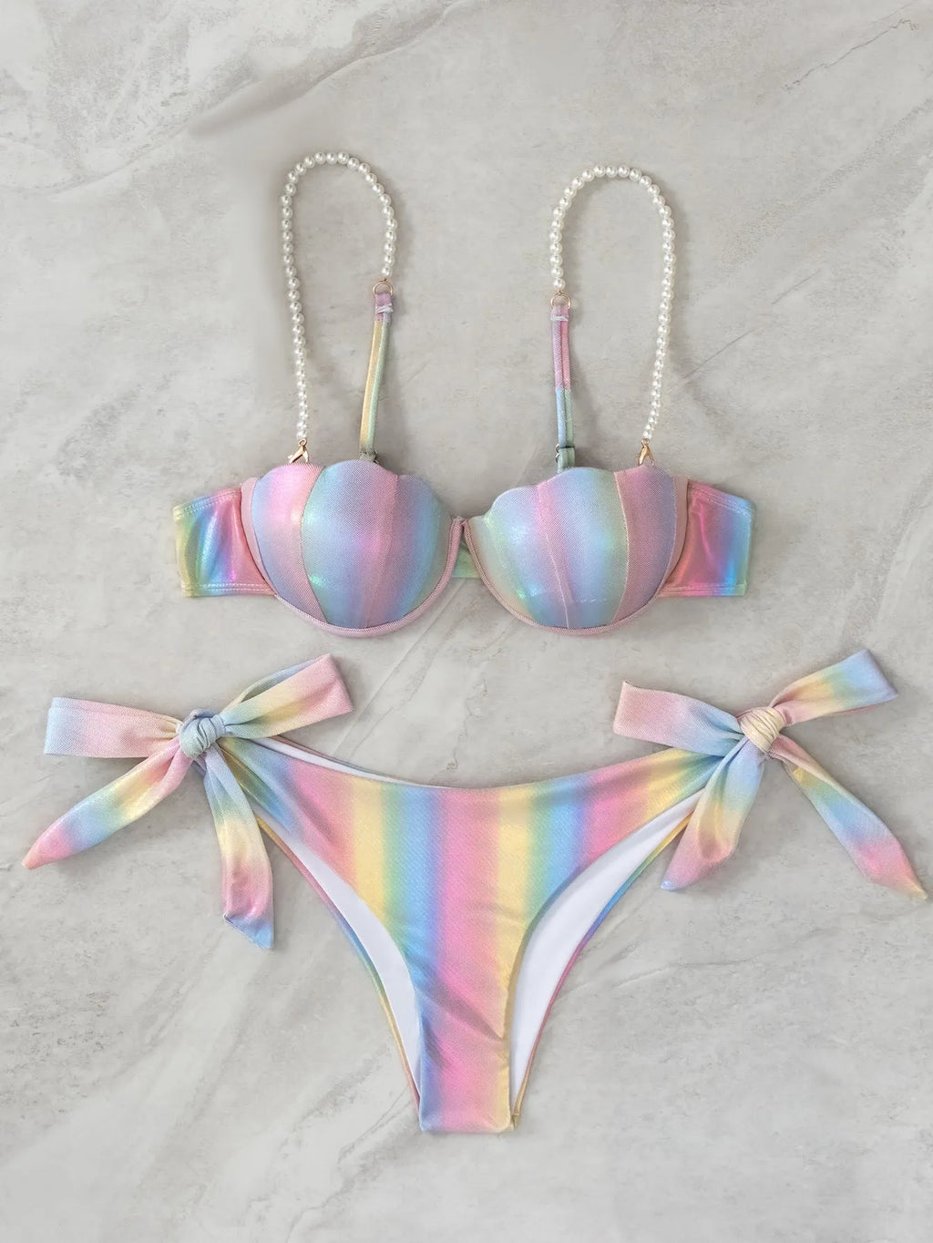 Women's rainbow split tied bikini swimsuit with triangle top and briefs