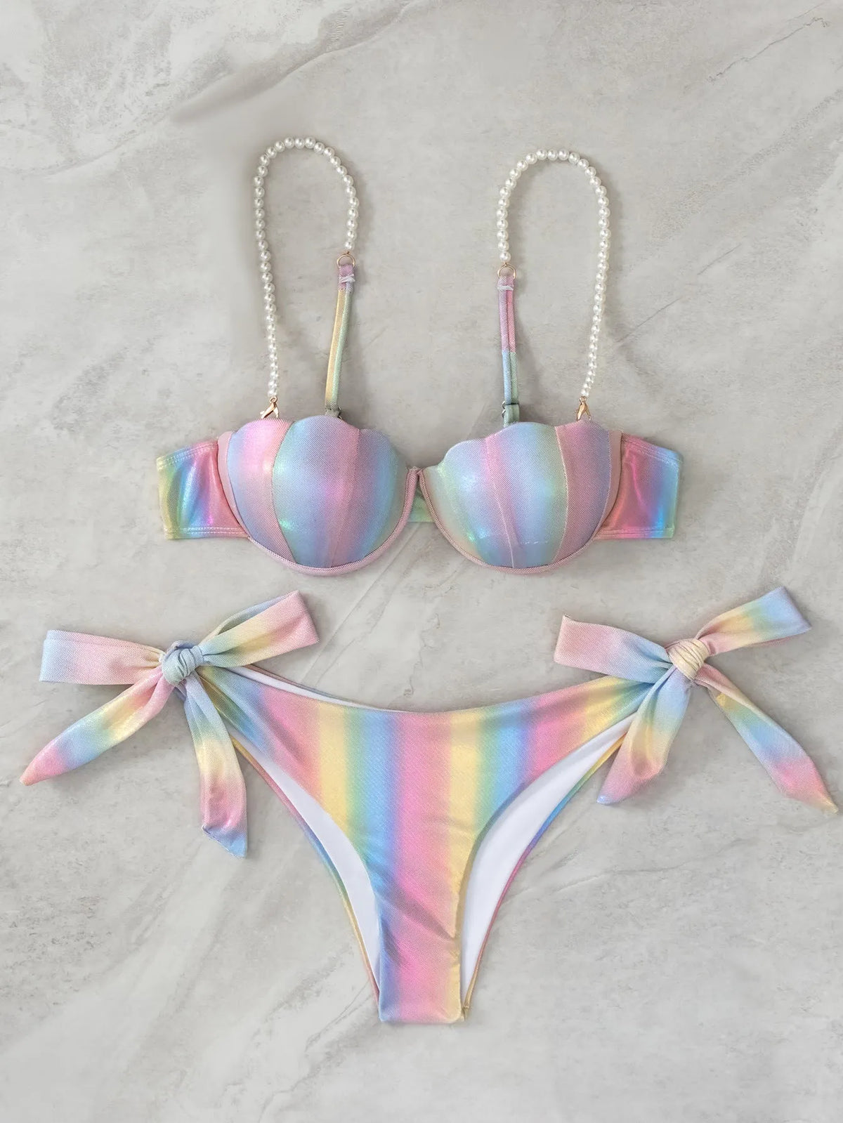 Women's rainbow split tied bikini swimsuit with triangle top and briefs