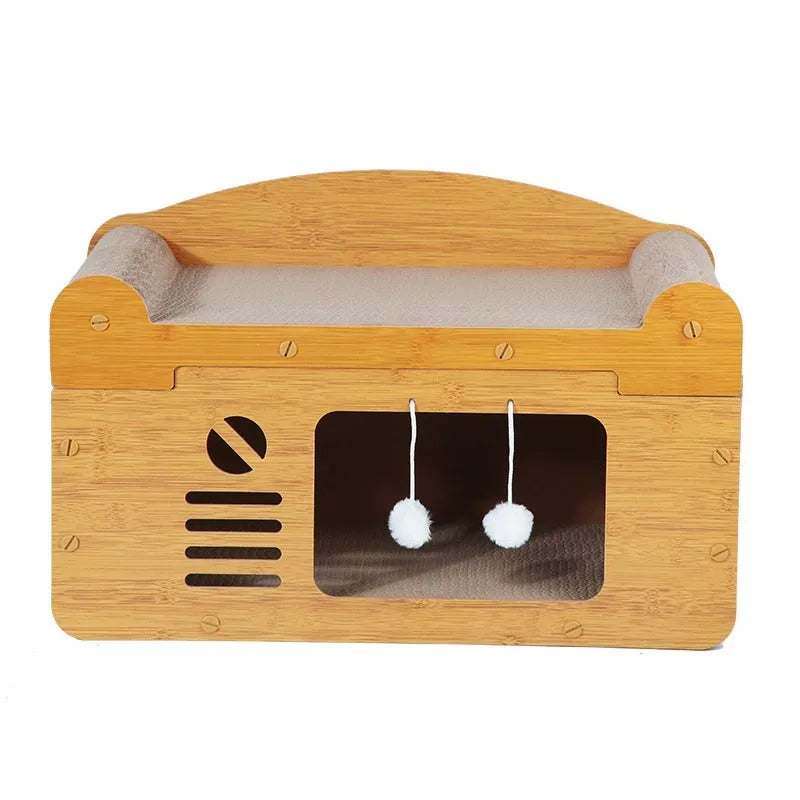 Double layer corrugated paper cat house with double ball double door design