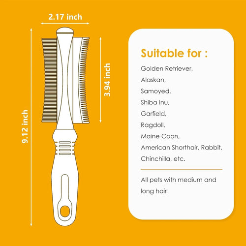 White double-sided pet grooming brush with comb and deshedding blade, featuring an ergonomic handle.