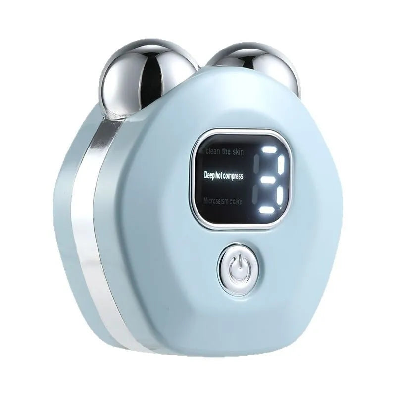Portable double-roller facial massage instrument in light blue with micro current and hot compress functions