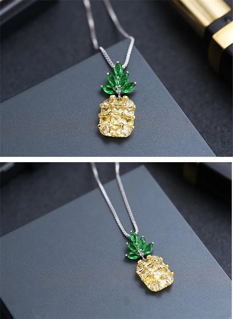 Korean fashion women's pineapple diamond necklace with geometric pendant in silver colour plating