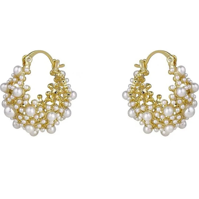 Gold flower basket earrings with pearl inlay and small rice-shaped beads for women
