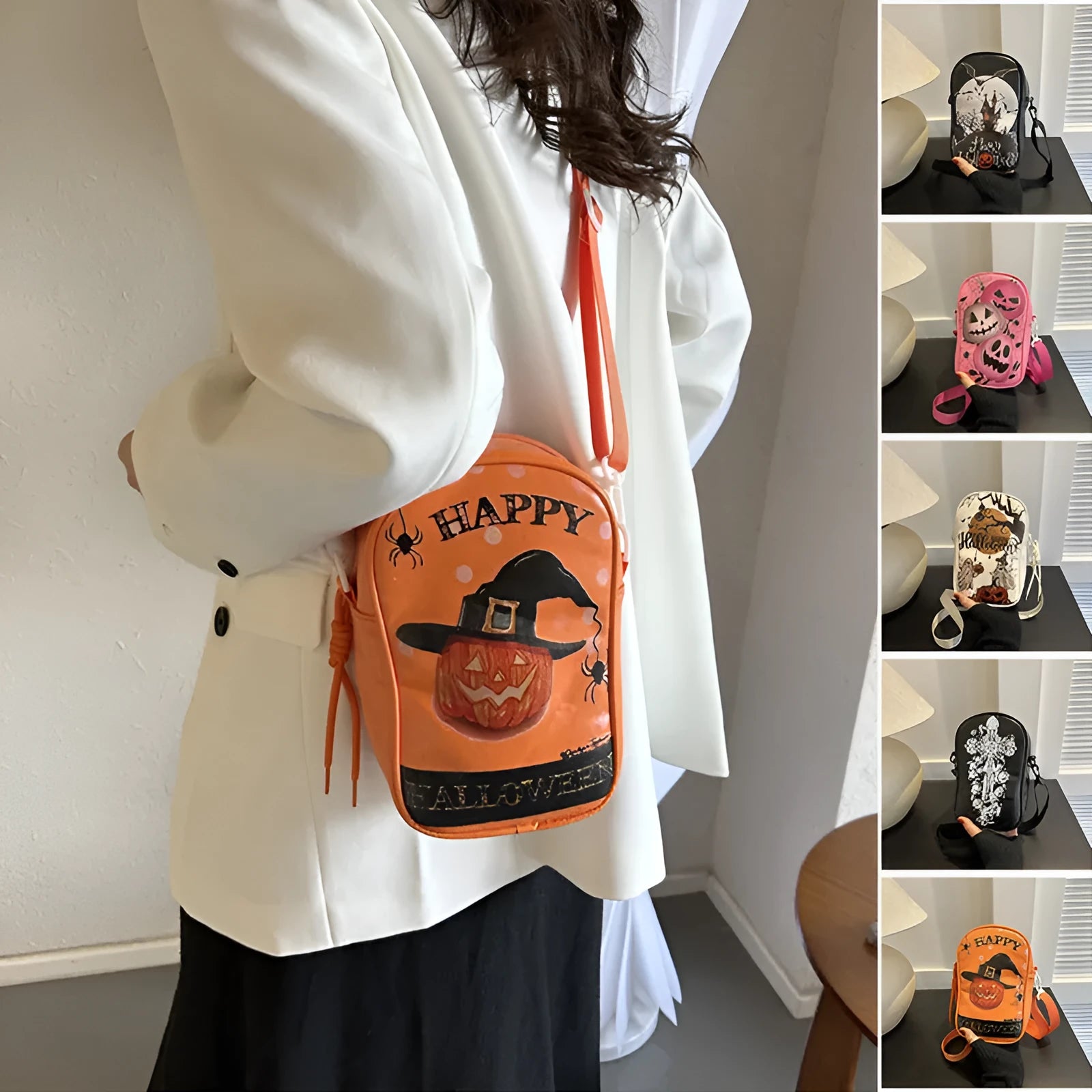 Women's Halloween graffiti print crossbody bag with pumpkin ghost bat cartoon design in black PU material