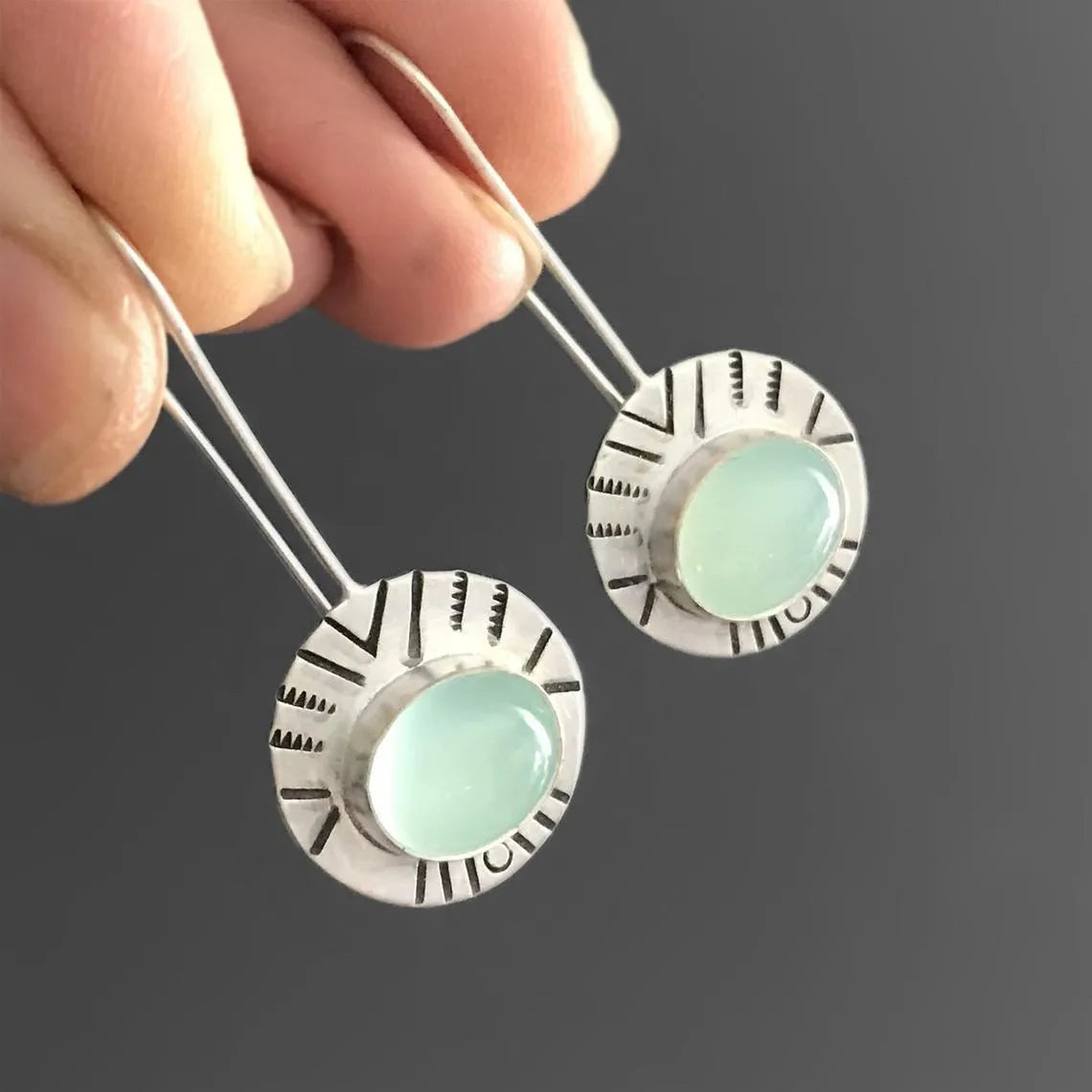 Water green chalcedony earrings for women, retro drop shape, antique silver water green metal, 44mm x 17mm, one pair