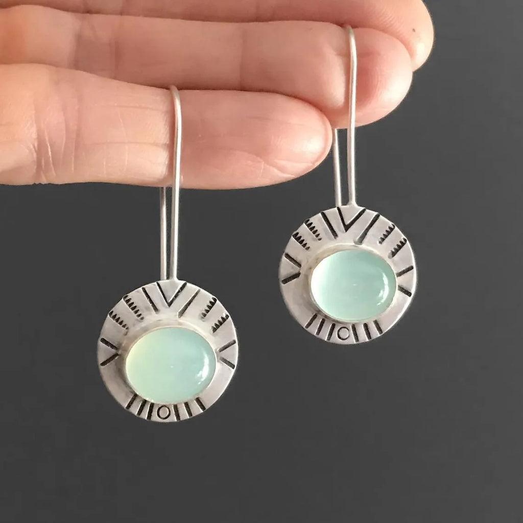 Water green chalcedony earrings for women, retro drop shape, antique silver water green metal, 44mm x 17mm, one pair
